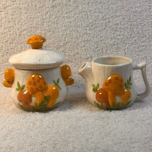 Vintage Arnels Pottery Mushroom Cream & Covered Sugar Set Retro Kitchen Rare Set